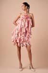Shriya Som_Pink Silk Fabric Flowers Halter Neck Orchid Print Ruffle Dress _Online_at_Aza_Fashions