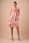 Buy_Shriya Som_Pink Silk Fabric Flowers Halter Neck Orchid Print Ruffle Dress _at_Aza_Fashions