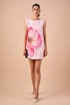 Buy_Shriya Som_Pink Canvas Round Neck Poppy Print Shift Dress _at_Aza_Fashions
