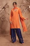 Shop_Label Niti Bothra_Orange Chinon, Silk Zari, Embroidery, Gota Patti V-neck Zardosi Kurta Set _Online_at_Aza_Fashions