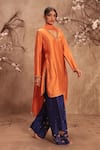 Label Niti Bothra_Orange Chinon, Silk Zari, Embroidery, Gota Patti V-neck Zardosi Kurta Set _at_Aza_Fashions