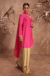 Label Niti Bothra_Pink Silk Embroidery, Gota Patti V-neck Hot Zardosi Kurta Set _Online_at_Aza_Fashions