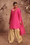 Buy_Label Niti Bothra_Pink Silk Embroidery, Gota Patti V-neck Hot Zardosi Kurta Set _Online_at_Aza_Fashions