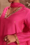 Label Niti Bothra_Pink Silk Embroidery, Gota Patti V-neck Hot Zardosi Kurta Set _at_Aza_Fashions