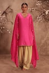 Shop_Label Niti Bothra_Pink Silk Embroidery, Gota Patti V-neck Hot Zardosi Kurta Set _at_Aza_Fashions