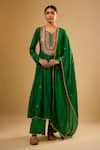 Buy_Label Niti Bothra_Green Silk Gota Patti, Pearls Round Neck Embroidered Kalidar Set _at_Aza_Fashions