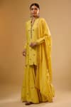 Buy_Label Niti Bothra_Yellow Chinon, Silk Mirrors, Zari Split V-neck Embroidered Sharara Set _at_Aza_Fashions