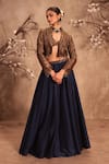 Buy_Label Niti Bothra_Gold Silk Pearls, Mirrors Round Neck Embroidered Jacket And Lehenga Set _at_Aza_Fashions