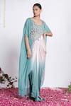 Buy_Amrta By Guneet Kondal_Sky Blue Satin, Viscose, Shantoon Beads Open Neck, Cutwork Cape And Skirt Set _Online_at_Aza_Fashions