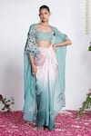 Shop_Amrta By Guneet Kondal_Sky Blue Satin, Viscose, Shantoon Beads Open Neck, Cutwork Cape And Skirt Set _Online_at_Aza_Fashions