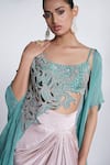 Amrta By Guneet Kondal_Sky Blue Satin, Viscose, Shantoon Beads Open Neck, Cutwork Cape And Skirt Set _at_Aza_Fashions