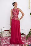 Buy_Amrta By Guneet Kondal_Pink Silk, Shantoon Beads, Sequins High Neck Hand Embroidered Skirt And Blouse Set _at_Aza_Fashions