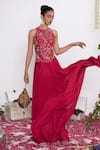 Shop_Amrta By Guneet Kondal_Pink Silk, Shantoon Beads, Sequins High Neck Hand Embroidered Skirt And Blouse Set _Online_at_Aza_Fashions