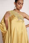 Amrta By Guneet Kondal_Yellow Satin, Viscose, Shantoon Embroidery Asymmetric Adda Work Kaftan Dress _Online_at_Aza_Fashions