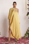 Buy_Amrta By Guneet Kondal_Yellow Satin, Viscose, Shantoon Embroidery Asymmetric Adda Work Kaftan Dress _at_Aza_Fashions