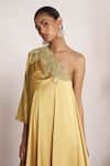 Amrta By Guneet Kondal_Yellow Satin, Viscose, Shantoon Embroidery Asymmetric Adda Work Kaftan Dress _at_Aza_Fashions