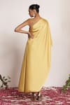 Shop_Amrta By Guneet Kondal_Yellow Satin, Viscose, Shantoon Embroidery Asymmetric Adda Work Kaftan Dress _at_Aza_Fashions