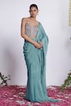 Buy_Amrta By Guneet Kondal_Blue Chinon, Shantoon, Viscose Mirrors Sweetheart Pre-draped Saree With Corset _at_Aza_Fashions