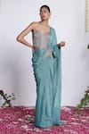Buy_Amrta By Guneet Kondal_Blue Chinon, Shantoon, Viscose Mirrors Sweetheart Pre-draped Saree With Corset _Online_at_Aza_Fashions