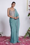 Shop_Amrta By Guneet Kondal_Blue Chinon, Shantoon, Viscose Mirrors Sweetheart Pre-draped Saree With Corset _at_Aza_Fashions