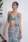 Buy_Amrta By Guneet Kondal_Blue Chinon, Shantoon, Viscose Embroidery, Digital Print Pre-draped Saree Set _Online_at_Aza_Fashions