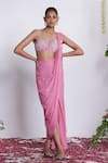 Buy_Amrta By Guneet Kondal_Pink Georgette, Shantoon, Viscose Sequins, Adda Work Pre-draped Saree And Corset _at_Aza_Fashions