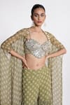 Buy_Amrta By Guneet Kondal_Green Georgette, Shantoon Mirrors Open Neck, Sweetheart Work Cape And Pant Set _Online_at_Aza_Fashions