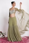 Buy_Amrta By Guneet Kondal_Green Georgette, Shantoon Mirrors Open Neck, Sweetheart Work Cape And Pant Set _at_Aza_Fashions