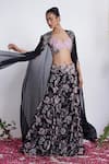 Amrta By Guneet Kondal_Black Georgette, Silk Embroidery Open Neck, Sweetheart Cape And Flared Pant Set _at_Aza_Fashions