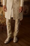 Seema Gujral_Beige Silk Pearls, Embroidery Sherwani Set _Online_at_Aza_Fashions