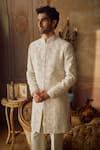 Shop_Seema Gujral_Ivory Silk Embroidery, Pearls, Sequins Sherwani Set _at_Aza_Fashions