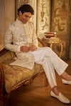 Buy_Seema Gujral_Ivory Silk Embroidery, Pearls Gold Sherwani Set _at_Aza_Fashions