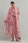 Buy_Ikshita Choudhary_Pink Chanderi Embroidery Round Neck Light Kurta Pant Dupatta Set _at_Aza_Fashions