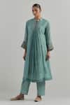Ikshita Choudhary_Sky Blue Chanderi Embroidery Mandarin Collar Kurta Set _Online_at_Aza_Fashions