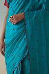 Janki India_Blue Silk, Cotton Embroidery Turquoise Hand Saree Set _Online_at_Aza_Fashions