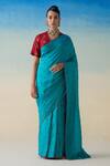 Buy_Janki India_Blue Silk, Cotton Embroidery Turquoise Hand Saree Set _at_Aza_Fashions
