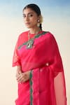Janki India_Magenta Organza, Cotton Embroidery Hand Saree _at_Aza_Fashions
