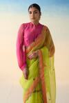 Janki India_Lime Organza, Cotton Embroidery Green Hand Saree Set _Online_at_Aza_Fashions