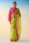 Buy_Janki India_Lime Organza, Cotton Embroidery Green Hand Saree Set _at_Aza_Fashions