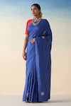 Janki India_Blue Silk, Cotton Embroidery Hand Saree Set _Online_at_Aza_Fashions