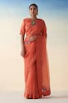 Buy_Janki India_Rust Organza, Cotton Embroidery Orange Hand Saree Set _at_Aza_Fashions