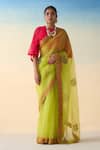 Buy_Janki India_Lime Organza, Cotton Embroidery Yellow Hand Saree Set _at_Aza_Fashions