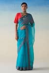 Buy_Janki India_Turquoise Organza, Cotton Embroidery Hand Saree Set _at_Aza_Fashions