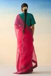 Shop_Janki India_Fuchsia Organza, Cotton Embroidery Pink Hand Saree Set _at_Aza_Fashions