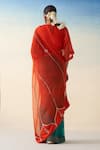 Shop_Janki India_Orange Organza, Cotton Embroidery And Green Hand Saree Set _at_Aza_Fashions