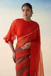 Janki India_Orange Organza, Cotton Embroidery And Green Hand Saree Set _Online_at_Aza_Fashions