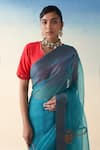 Janki India_Blue Organza, Cotton Embroidery Turquoise Hand Saree Set _Online_at_Aza_Fashions