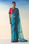 Buy_Janki India_Blue Organza, Cotton Embroidery Turquoise Hand Saree Set _at_Aza_Fashions