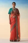 Buy_Janki India_Orange Organza, Cotton Embroidery Rust Hand Saree Set _Online_at_Aza_Fashions