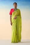 Buy_Janki India_Green Silk, Cotton Embroidery Lime Hand Saree Set _at_Aza_Fashions